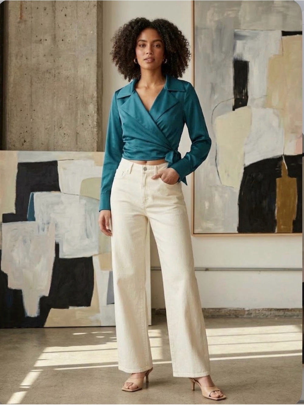 Lafayette 148 New York Teal Silk Wrap Blouse with Side Tie